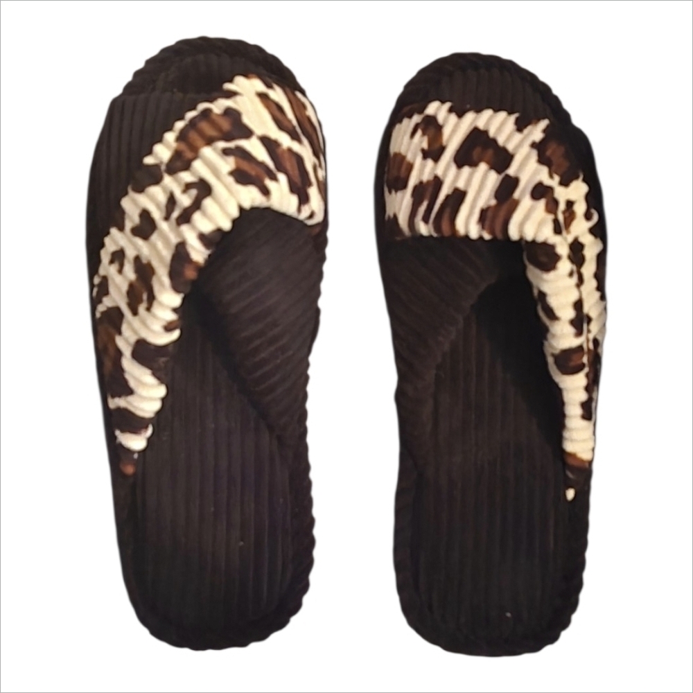 Women's Corduroy Leopard Black Cotton Memory Foam Bedroom Corduroy Open Toe Shoe